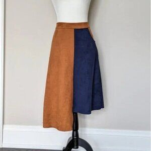 Suede asymmetrical colourblock camel/blue midi a-line skirt